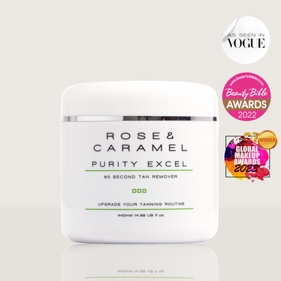 purity excel 60 second tan remover 440ml, fake tan remover, fake tan eraser, self tan eraser, rose and caramel tan remover, purity remover, tan remover 60 seconds, body exfoliator, 60 second tan remover